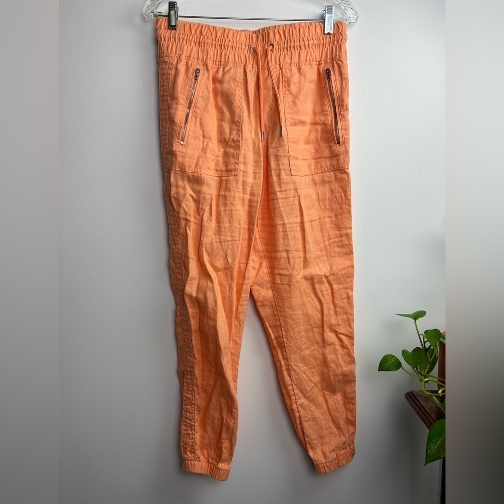 ATHLETA Cabo Sz 4 100% Linen Joggers Pants Pull on Zip pockets Orange minimalist